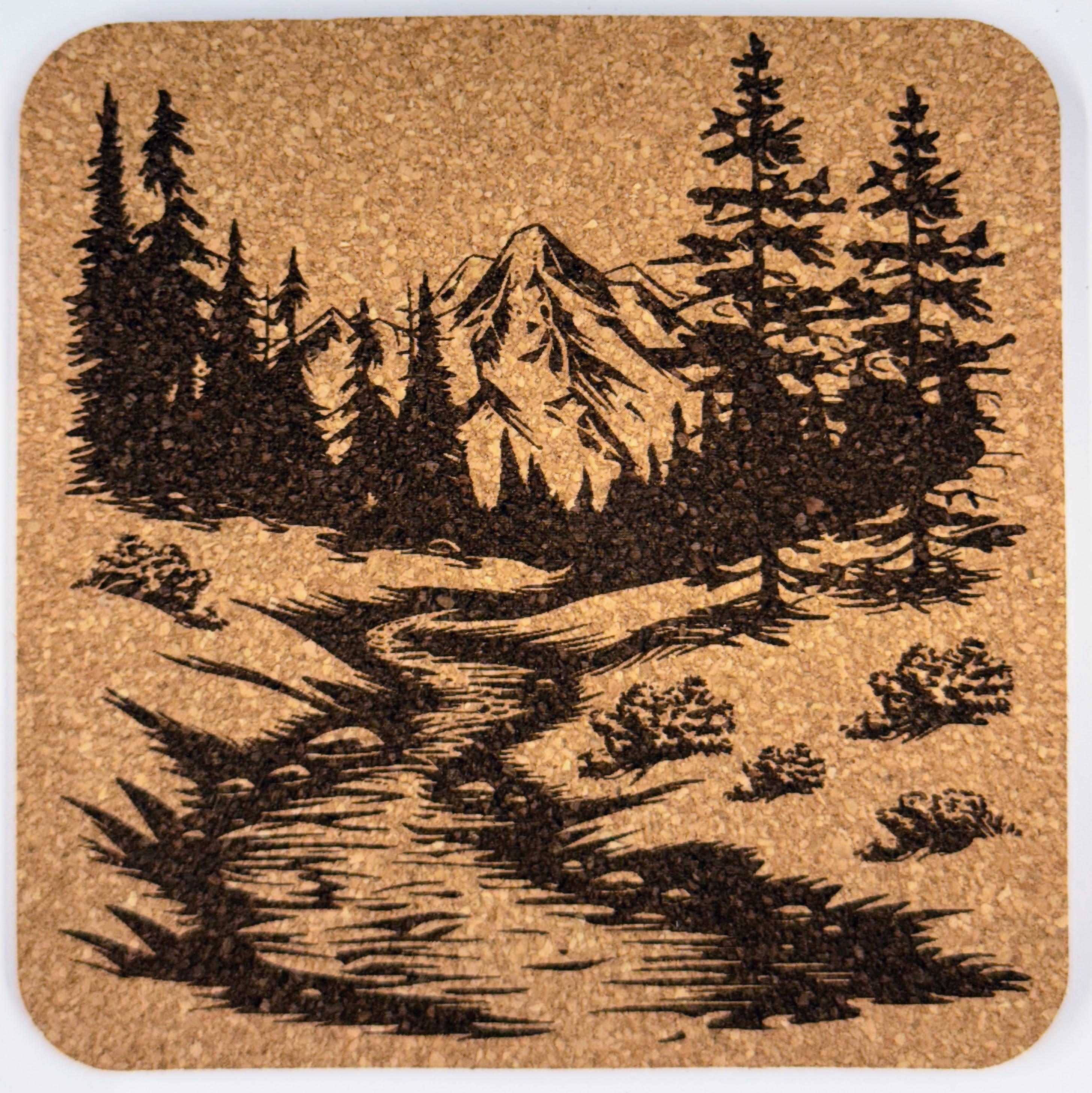 Mountain Trail Set of 4  Cork Coasters, Rustic Hiking Path and Nature Décor