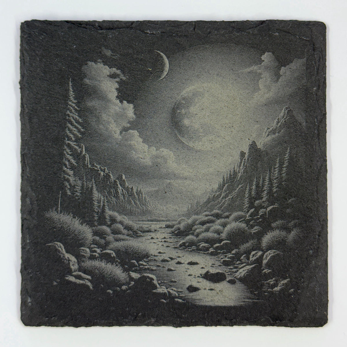 Moonlit Nature Slate Coaster Set – Engraved Night Sky Mountain, Waterfall, Ocean & Tropical Beach Scenes