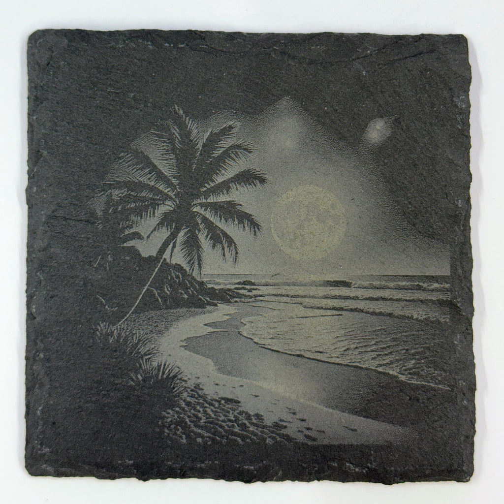 Moonlit Nature Slate Coaster Set – Engraved Night Sky Mountain, Waterfall, Ocean & Tropical Beach Scenes