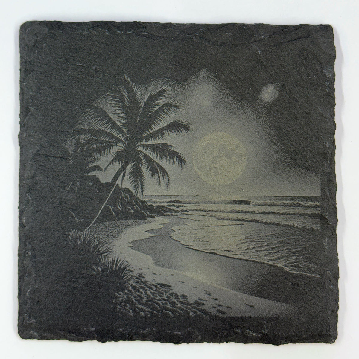 Moonlit Nature Slate Coaster Set – Engraved Night Sky Mountain, Waterfall, Ocean & Tropical Beach Scenes
