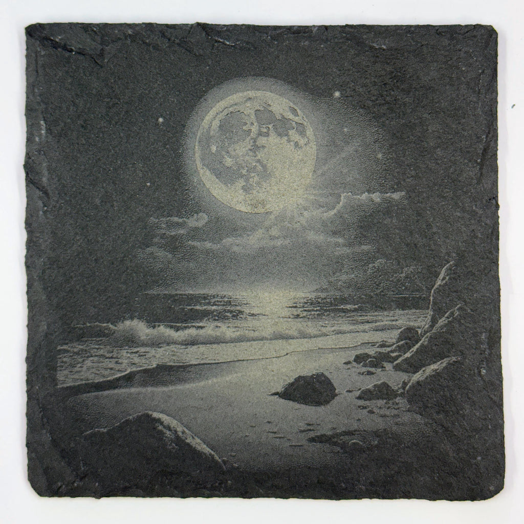 Moonlit Nature Slate Coaster Set – Engraved Night Sky Mountain, Waterfall, Ocean & Tropical Beach Scenes