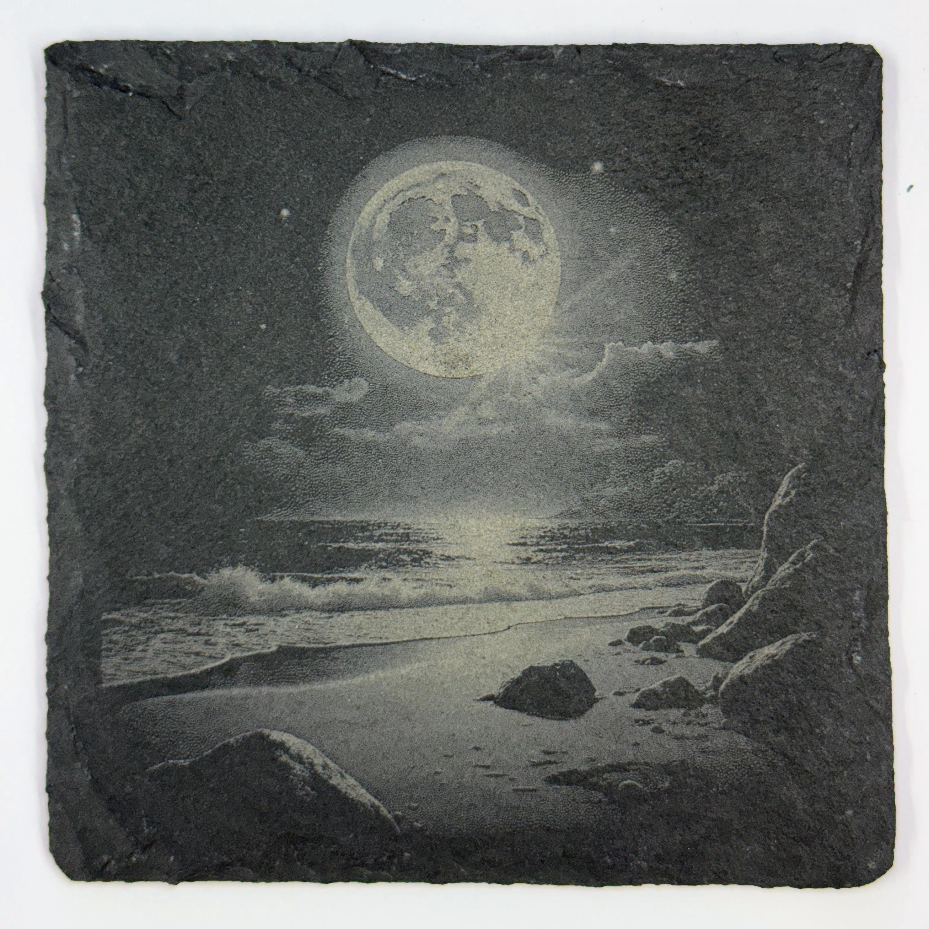 Moonlit Nature Slate Coaster Set – Engraved Night Sky Mountain, Waterfall, Ocean & Tropical Beach Scenes