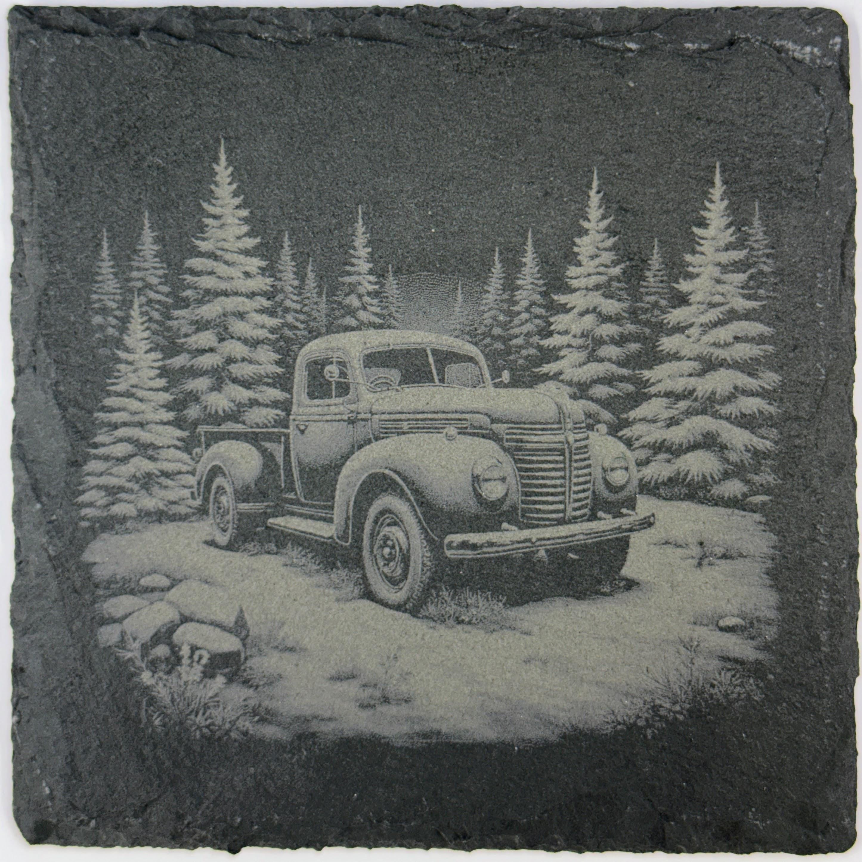 Christmas Truck Slate Coaster Set: Engraved Vintage Holiday Decor