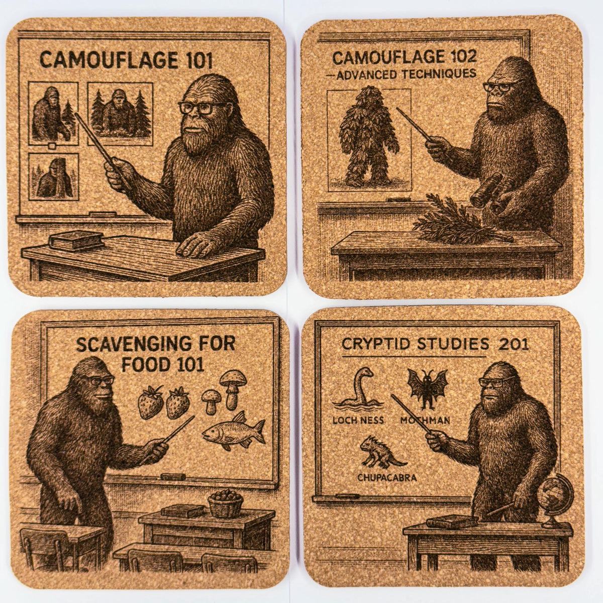 Bigfoot Teacher Set of 4 Laser Engraved Cork Coasters