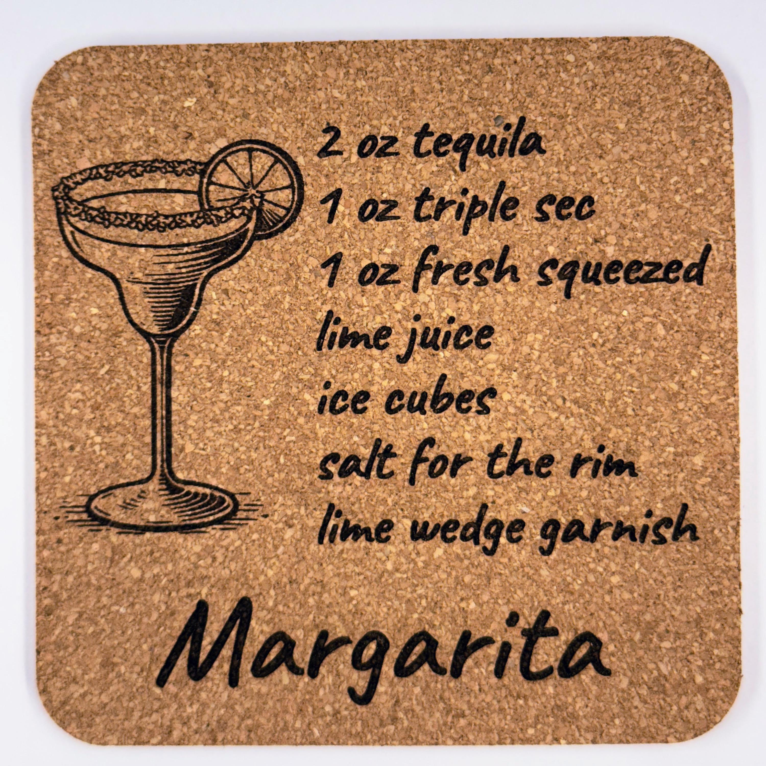 Cocktail Recipe Drink Coasters: Laser Engraved Cork Set of 4