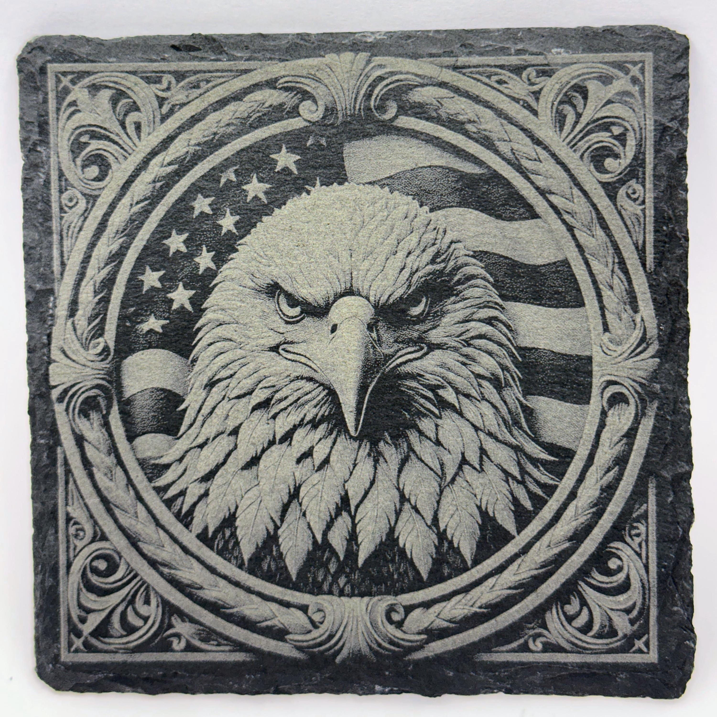 American Eagle Slate Coaster Set of 4 – Laser Engraved Bald Eagle Designs – Patriotic Decor