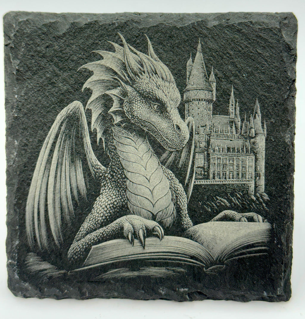 Dragons, Books & Castles Engraved Slate Coasters Set of 4