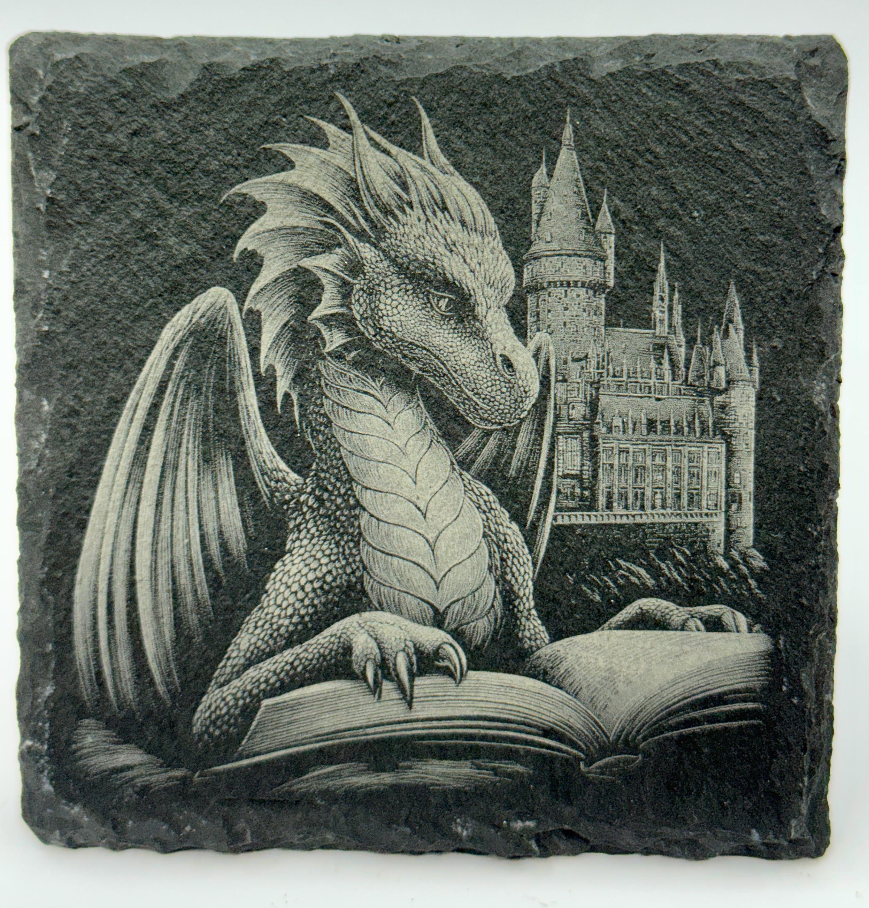 Dragons, Books & Castles Engraved Slate Coasters Set of 4