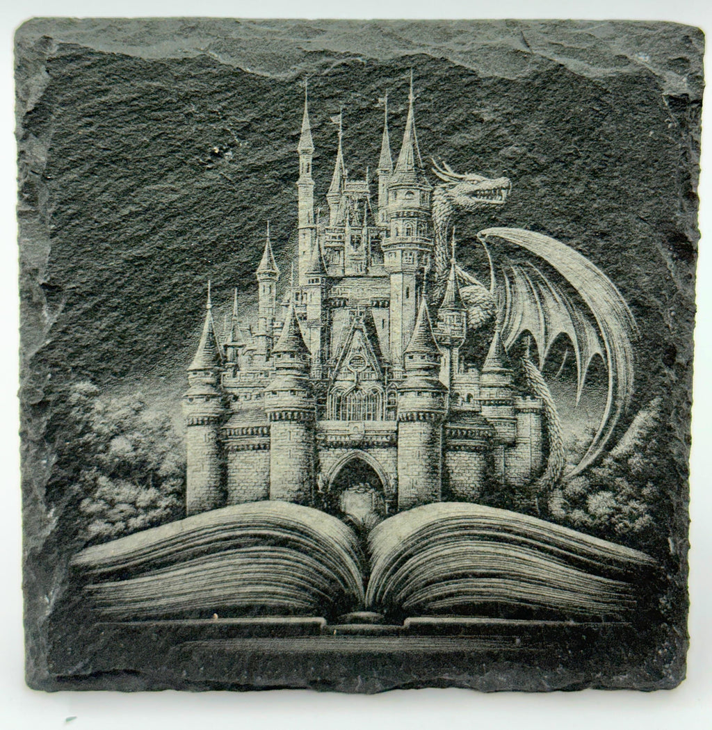 Dragons, Books & Castles Engraved Slate Coasters Set of 4