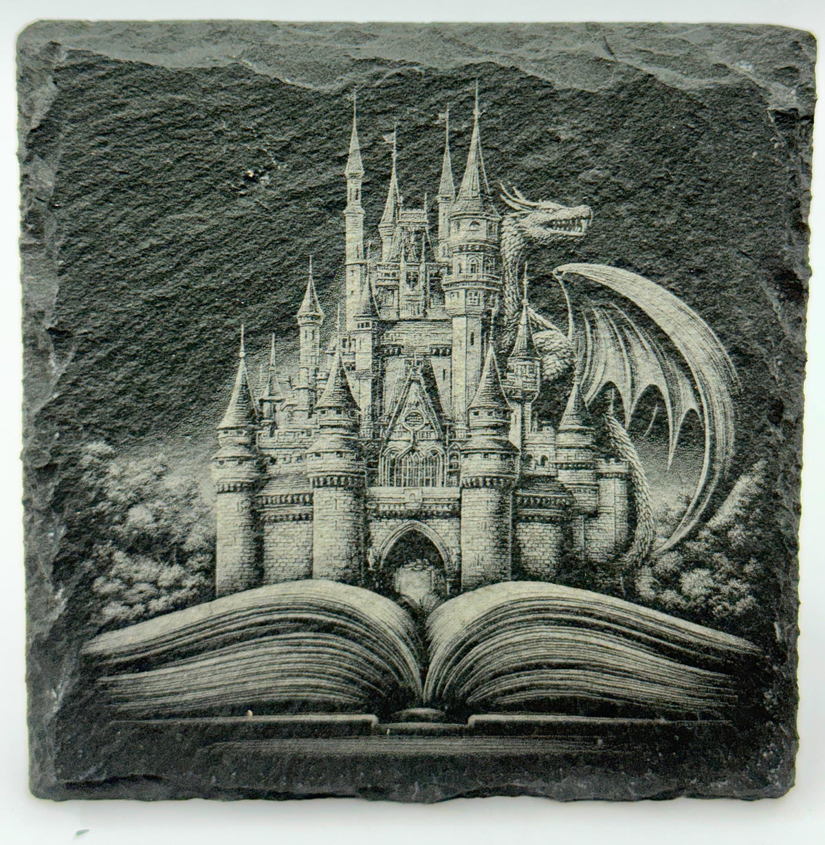 Dragons, Books & Castles Engraved Slate Coasters Set of 4