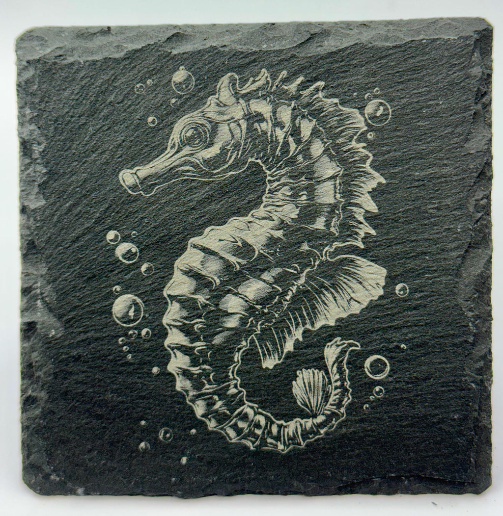 Engraved Ocean Life Slate Coasters: Nautical Coastal Decor, Set of 4