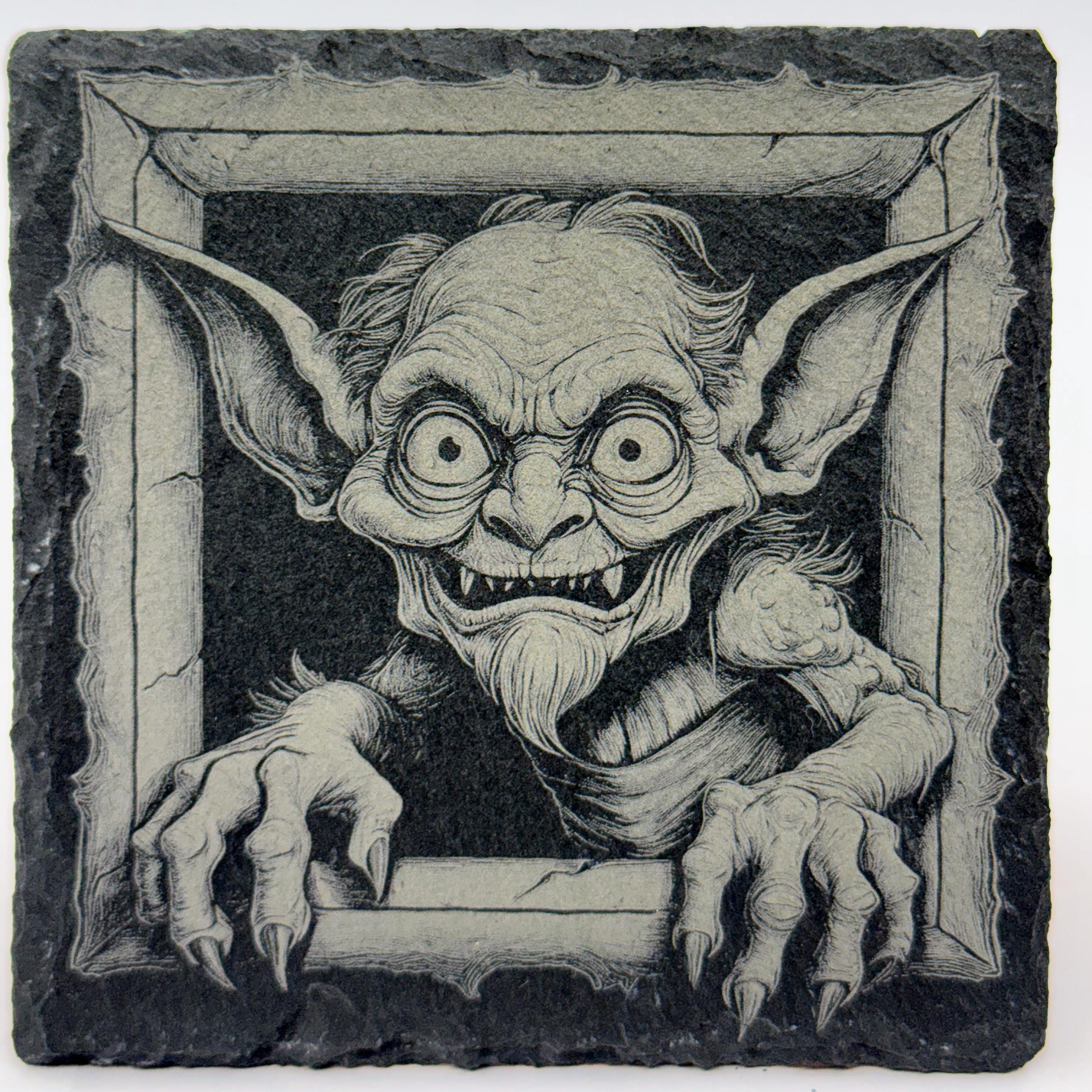 Halloween Gremlins Slate Coasters: Engraved Gothic Horror Drink Coasters, Set of 4