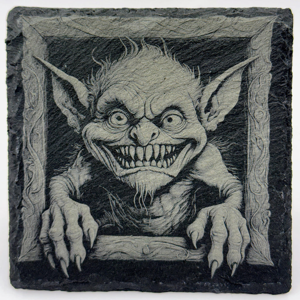 Halloween Gremlins Slate Coasters: Engraved Gothic Horror Drink Coasters, Set of 4