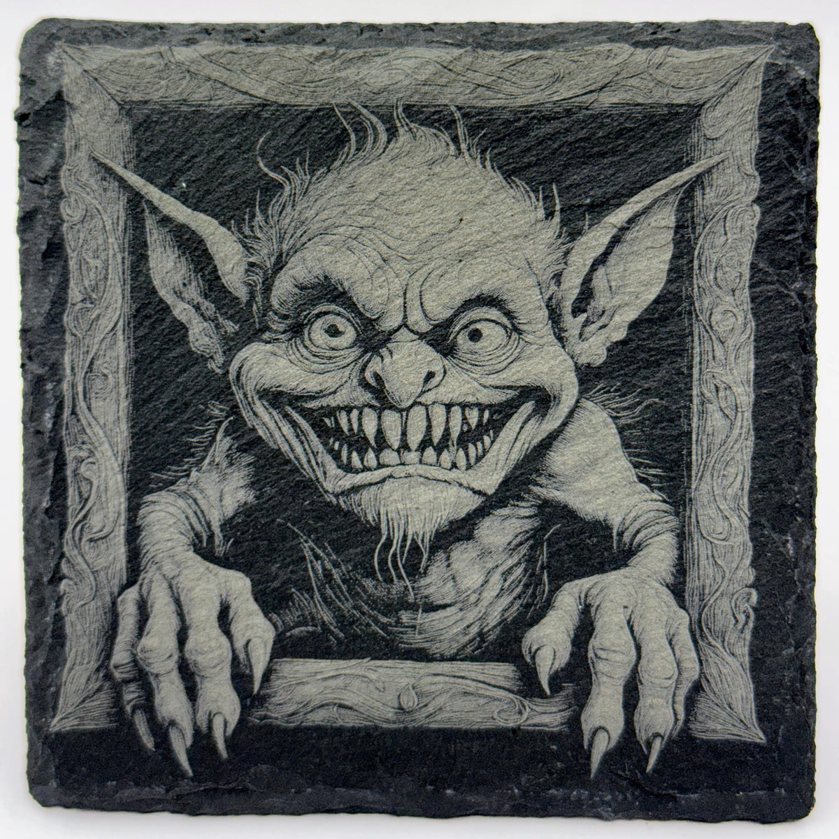 Halloween Gremlins Slate Coasters: Engraved Gothic Horror Drink Coasters, Set of 4