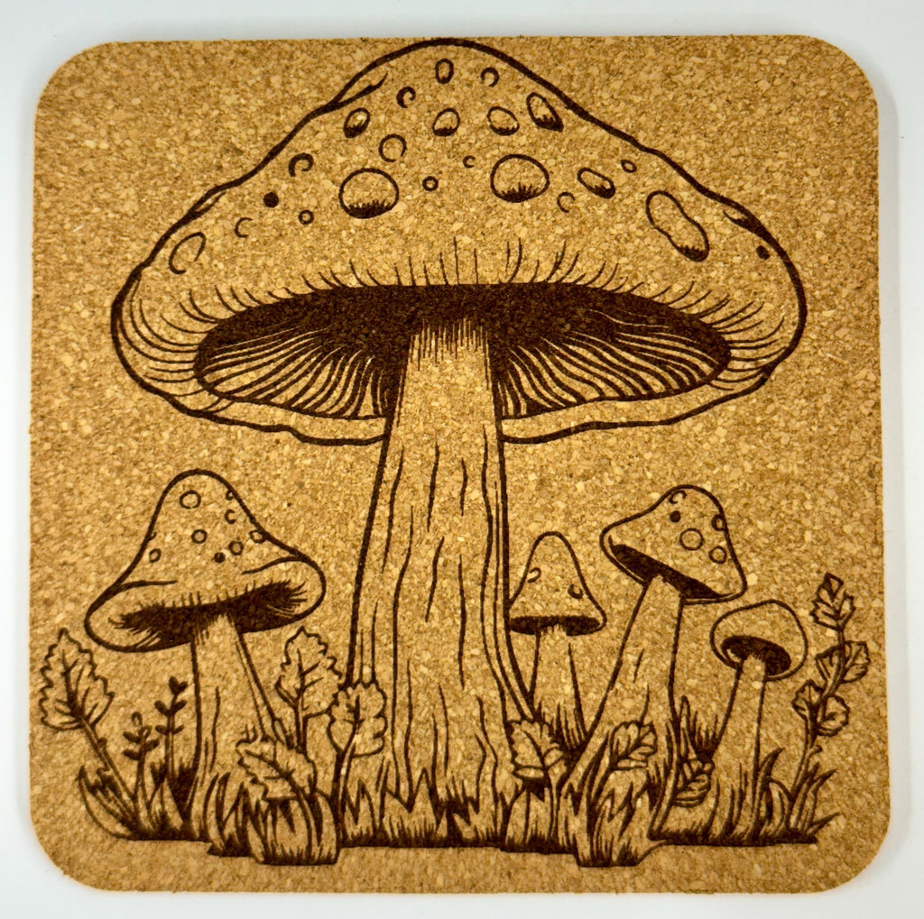 Woodland Mushroom Coaster Set of 4 – Laser Engraved Cork Drink Coasters