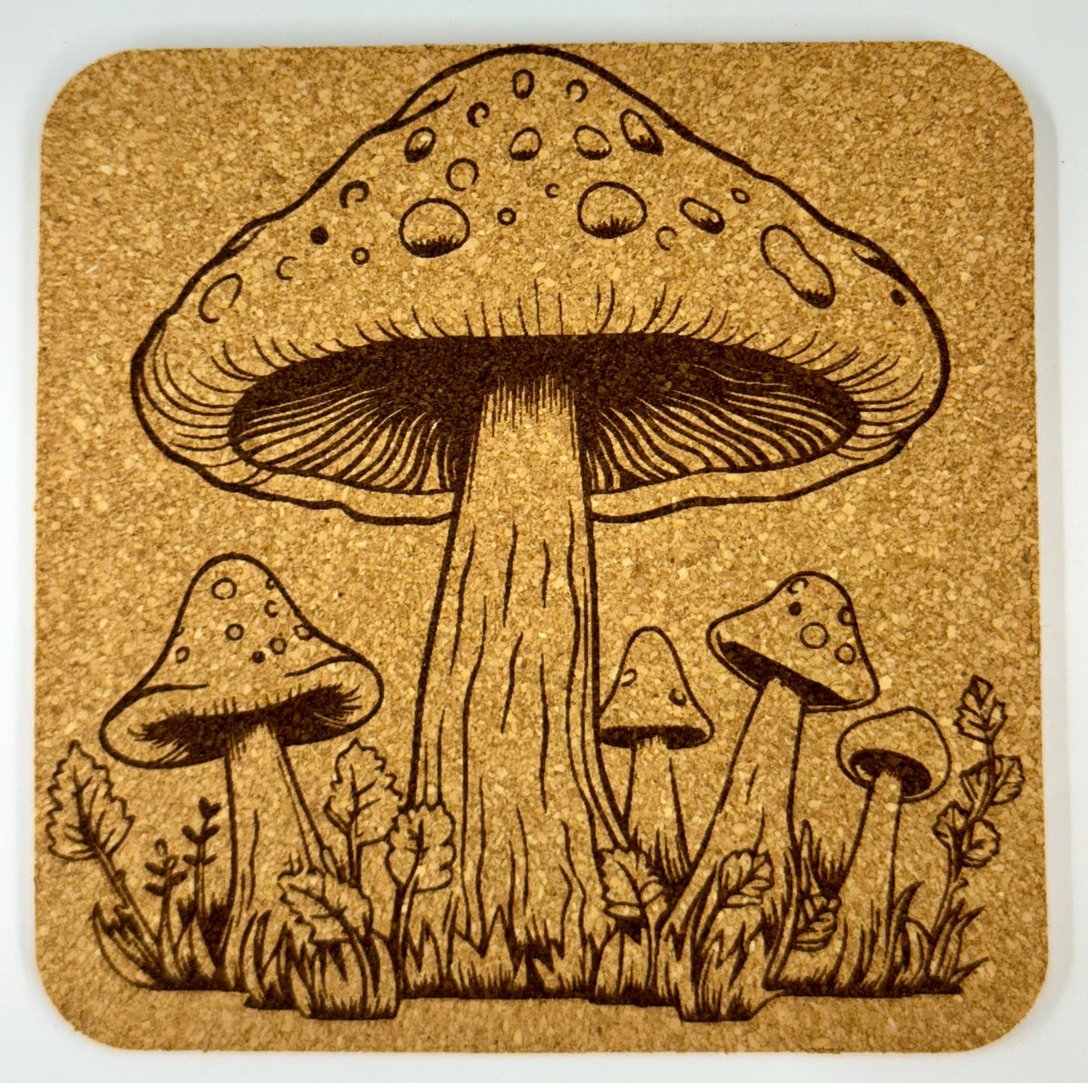 Woodland Mushroom Coaster Set of 4 – Laser Engraved Cork Drink Coasters