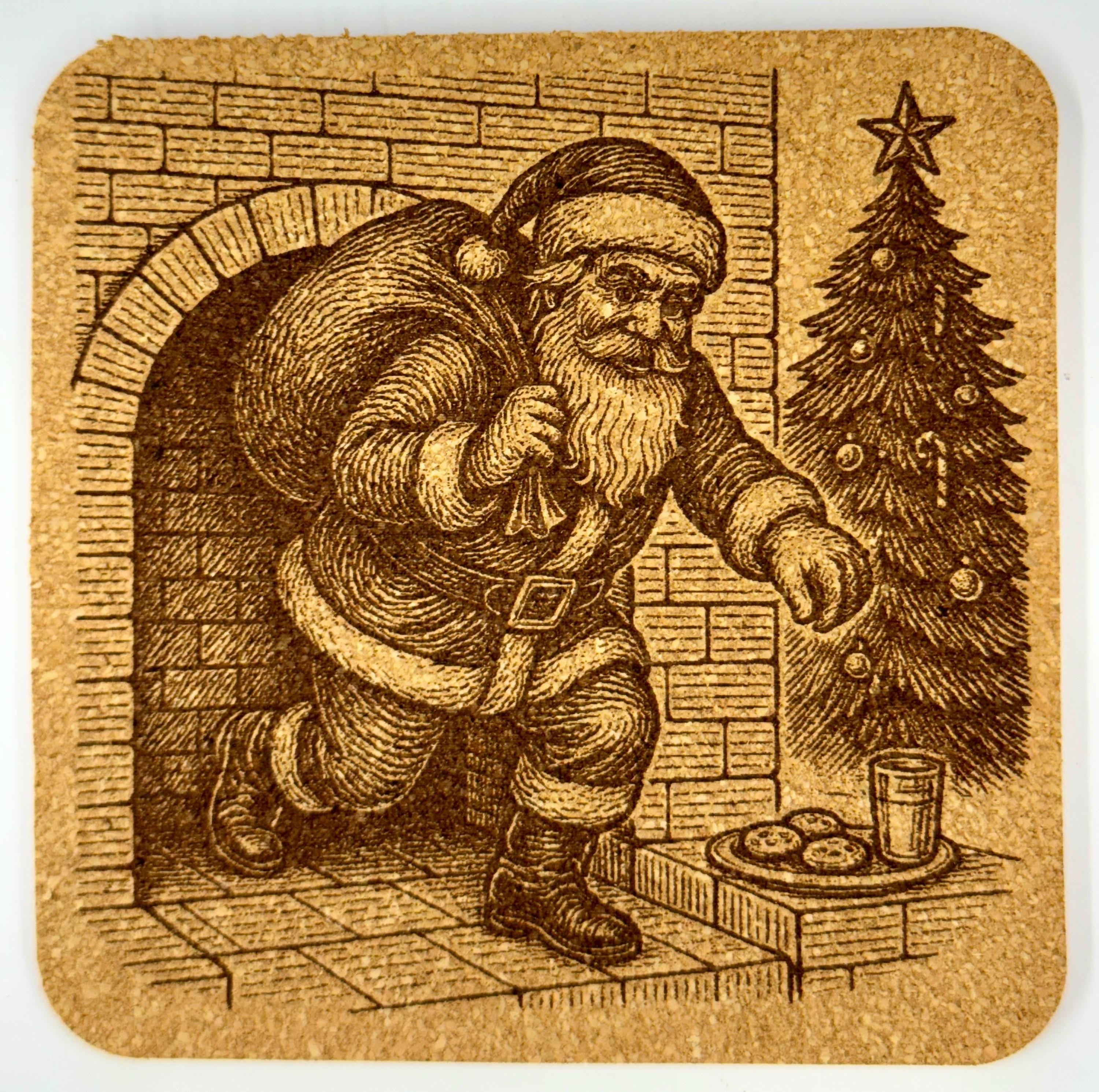 Vintage Santa Claus Christmas Coaster Set – 4 Laser-Engraved Cork Coasters