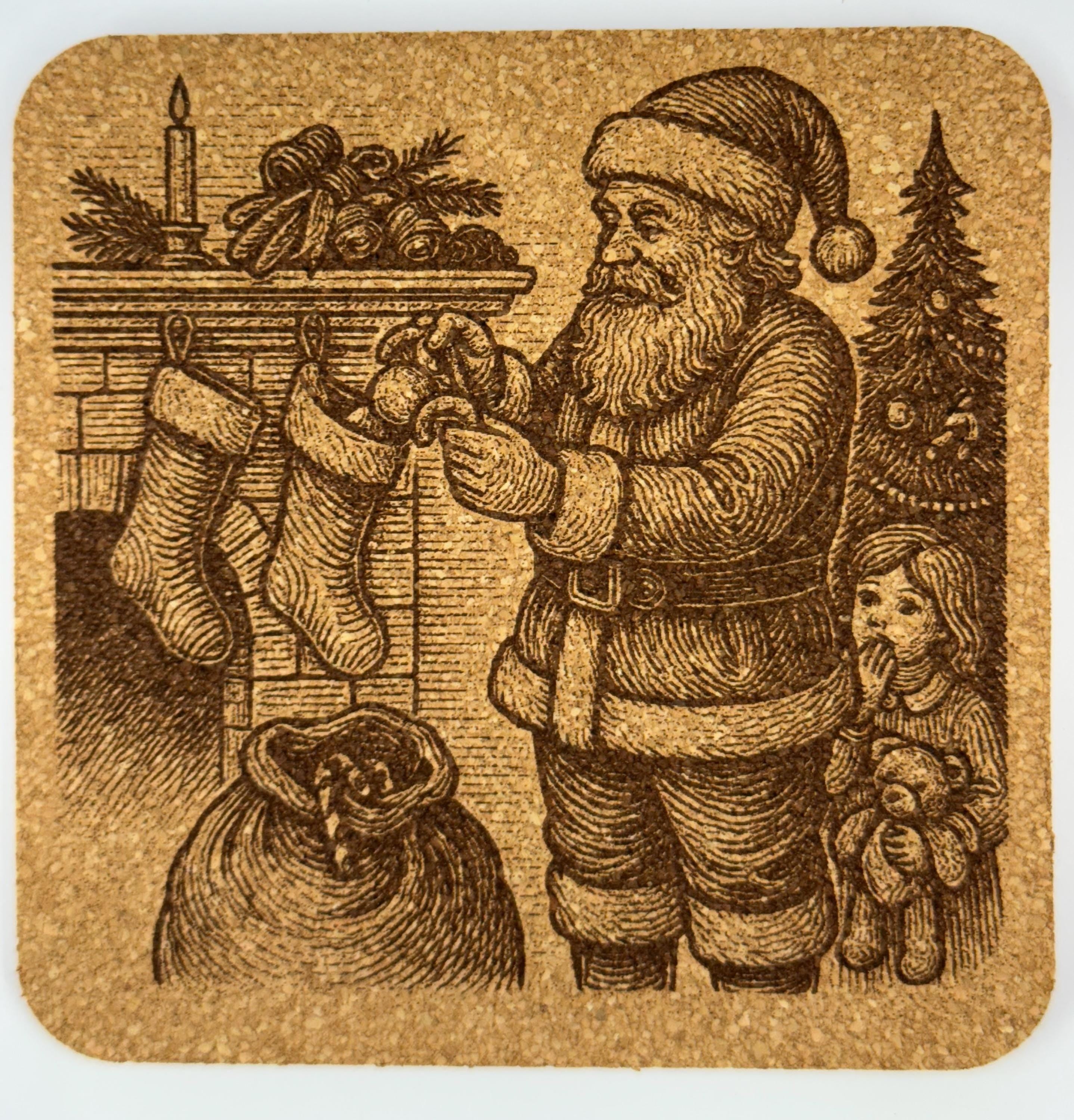 Vintage Santa Claus Christmas Coaster Set – 4 Laser-Engraved Cork Coasters