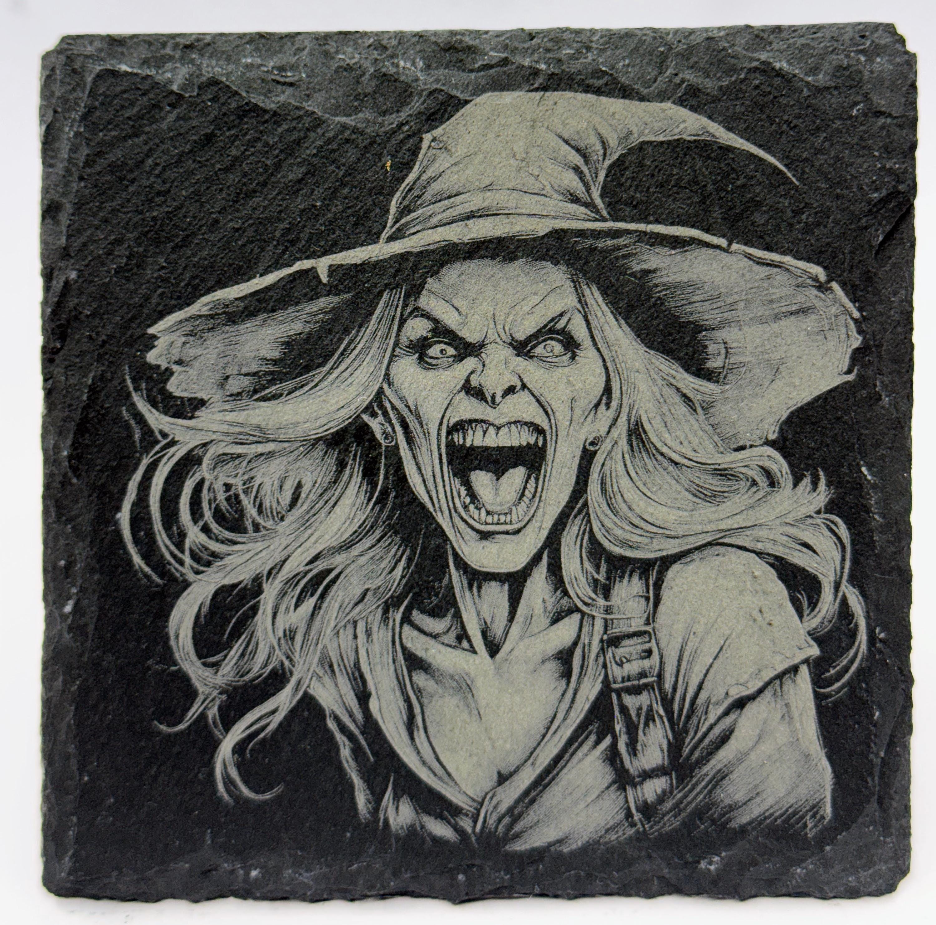Screaming Witch Slate Coasters: Gothic Halloween Decor - Set of 4