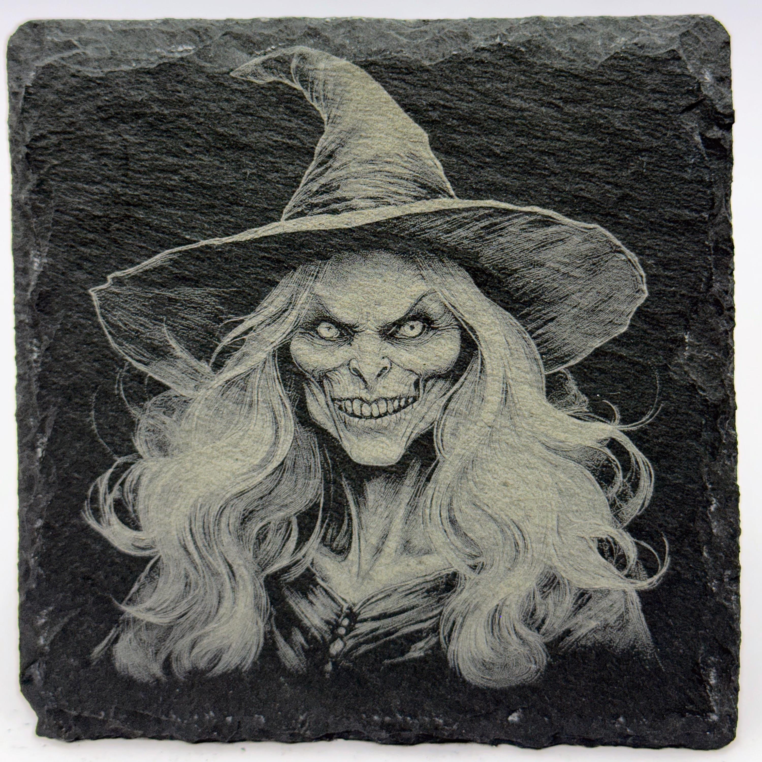 Screaming Witch Slate Coasters: Gothic Halloween Decor - Set of 4