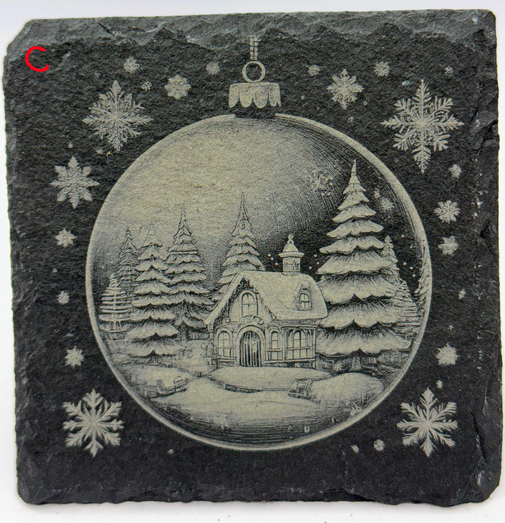 Christmas Ornament Slate Coasters – Santa, Reindeer, Snowman, Tree, Elf & Cabin – Pick Any 4
