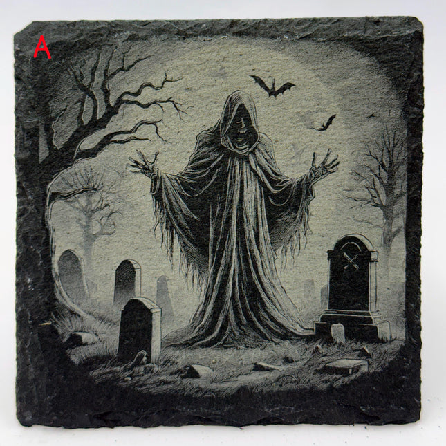 Halloween Slate Coasters – Haunted House, Witch, Skeleton, Cat, Raven & More – Choose Any 4