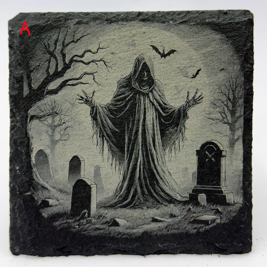 Halloween Slate Coasters – Haunted House, Witch, Skeleton, Cat, Raven & More – Choose Any 4