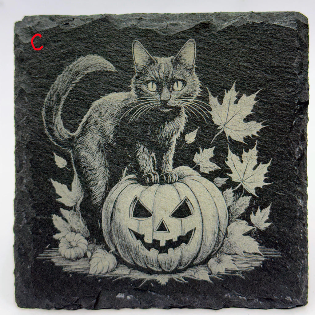Halloween Slate Coasters – Haunted House, Witch, Skeleton, Cat, Raven & More – Choose Any 4