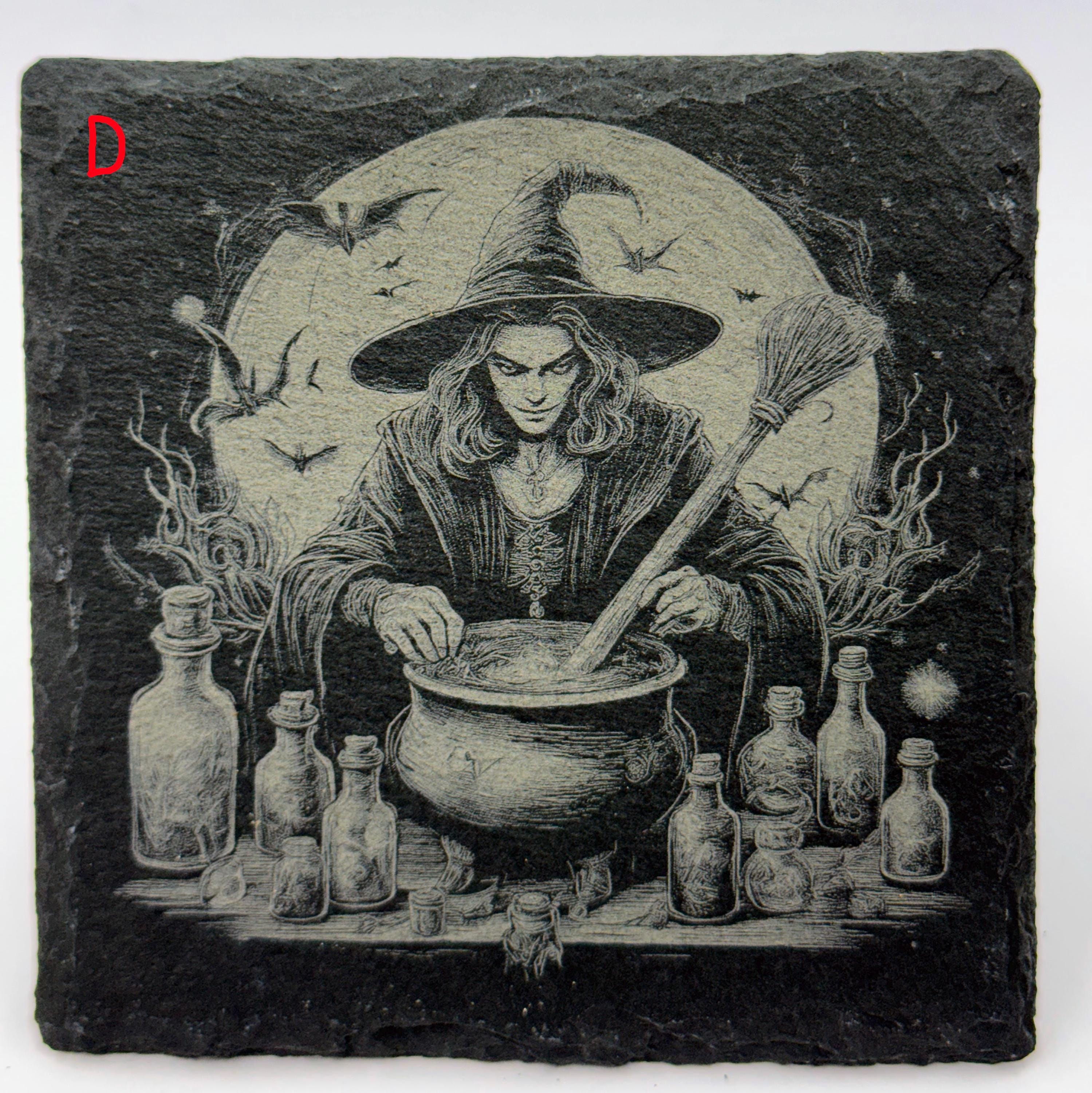 Halloween Slate Coasters – Haunted House, Witch, Skeleton, Cat, Raven & More – Choose Any 4