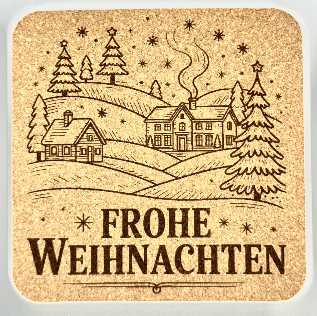 Frohe Weihnachten Laser Engraved Set of 4 German Christmas Cork Coasters