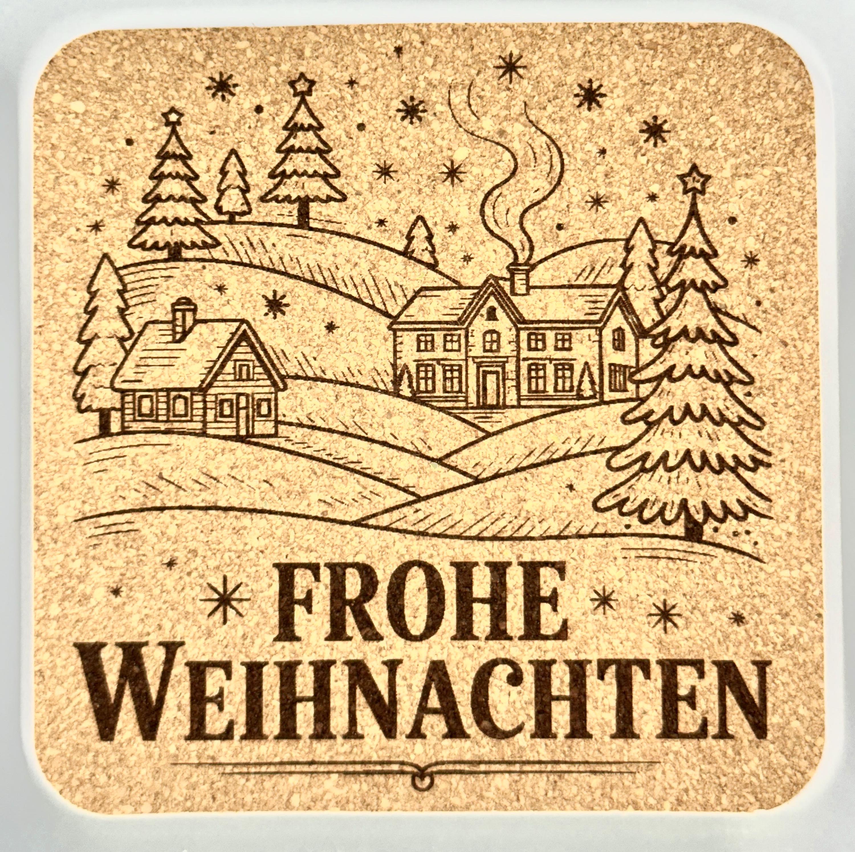 Frohe Weihnachten Laser Engraved Set of 4 German Christmas Cork Coasters