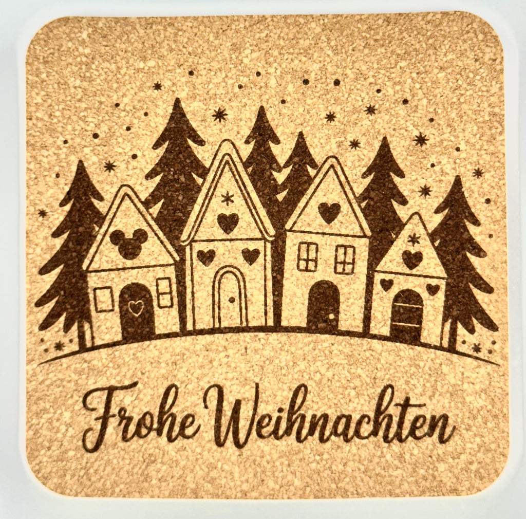 Frohe Weihnachten Laser Engraved Set of 4 German Christmas Cork Coasters