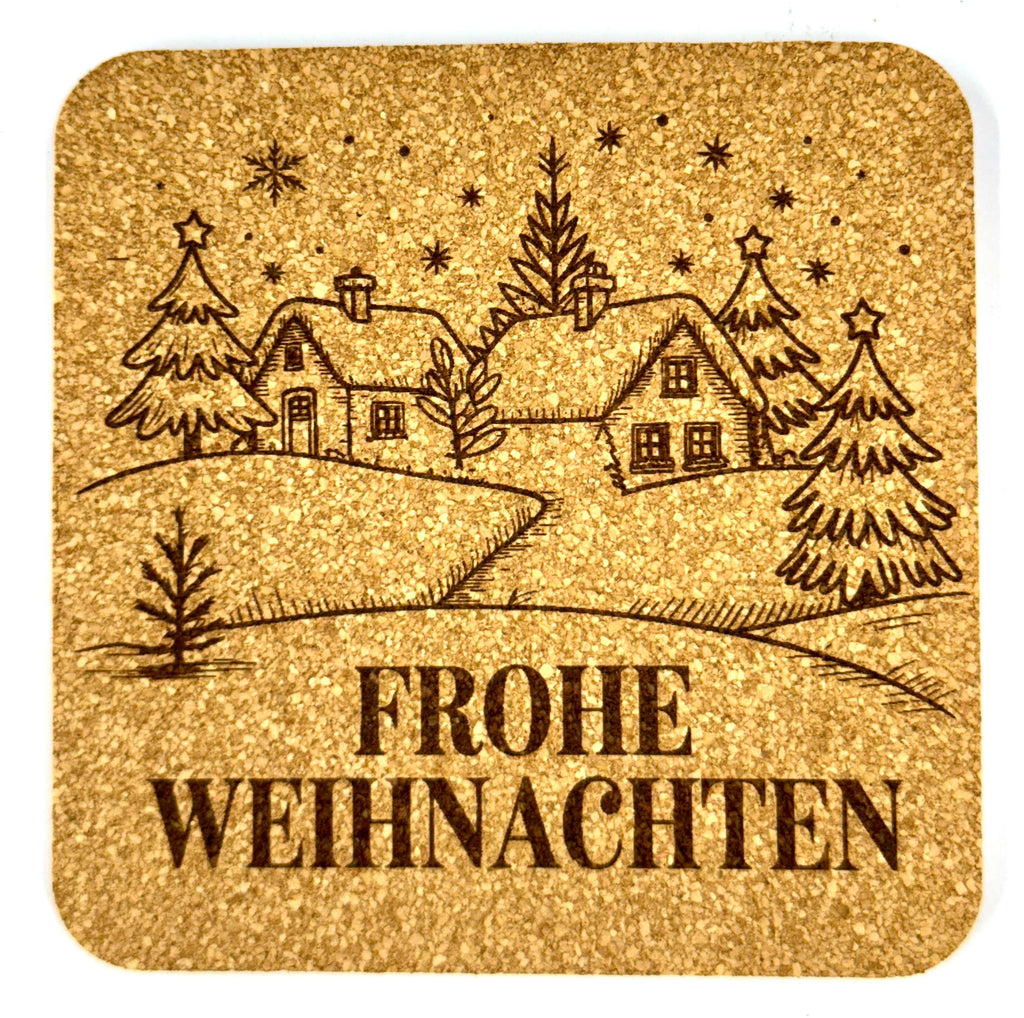 Frohe Weihnachten Laser Engraved Set of 4 German Christmas Cork Coasters