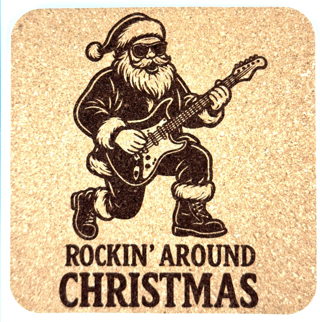 Rowdy Santa Cork Coasters – Set of 4 – Rockin’ Christmas Drink Coaster Set