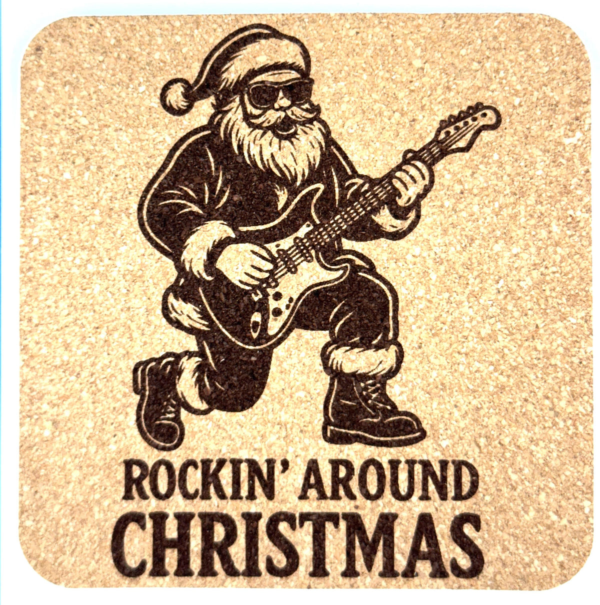 Rowdy Santa Cork Coasters – Set of 4 – Rockin’ Christmas Drink Coaster Set