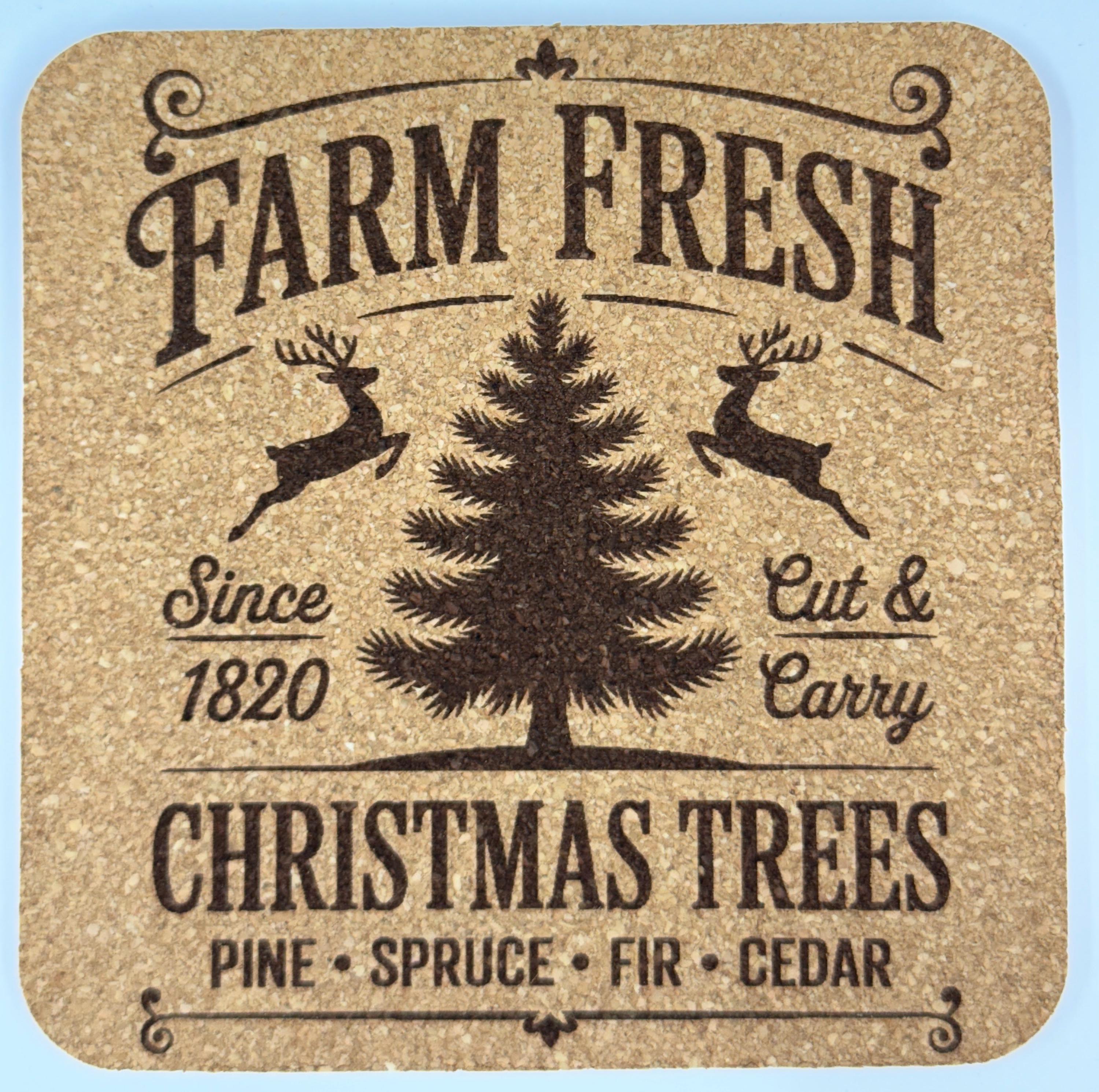 Rustic Christmas Coasters – Set of 4 – Farmhouse Holiday Cork Drink Coaster Set