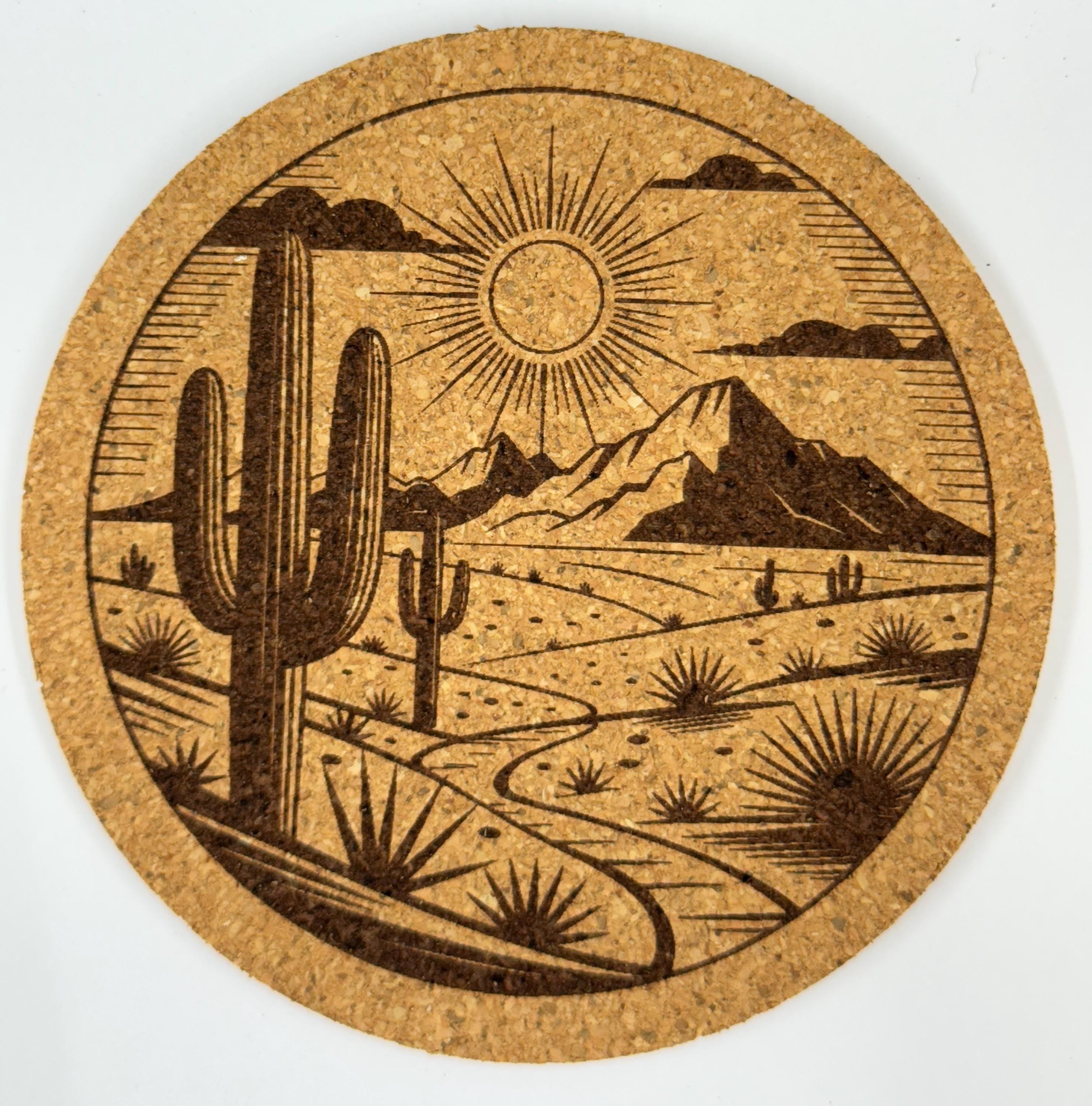Southwest Desert Cork Coasters – Set of 4 – Cactus & Mountain Scene Drink Coasters