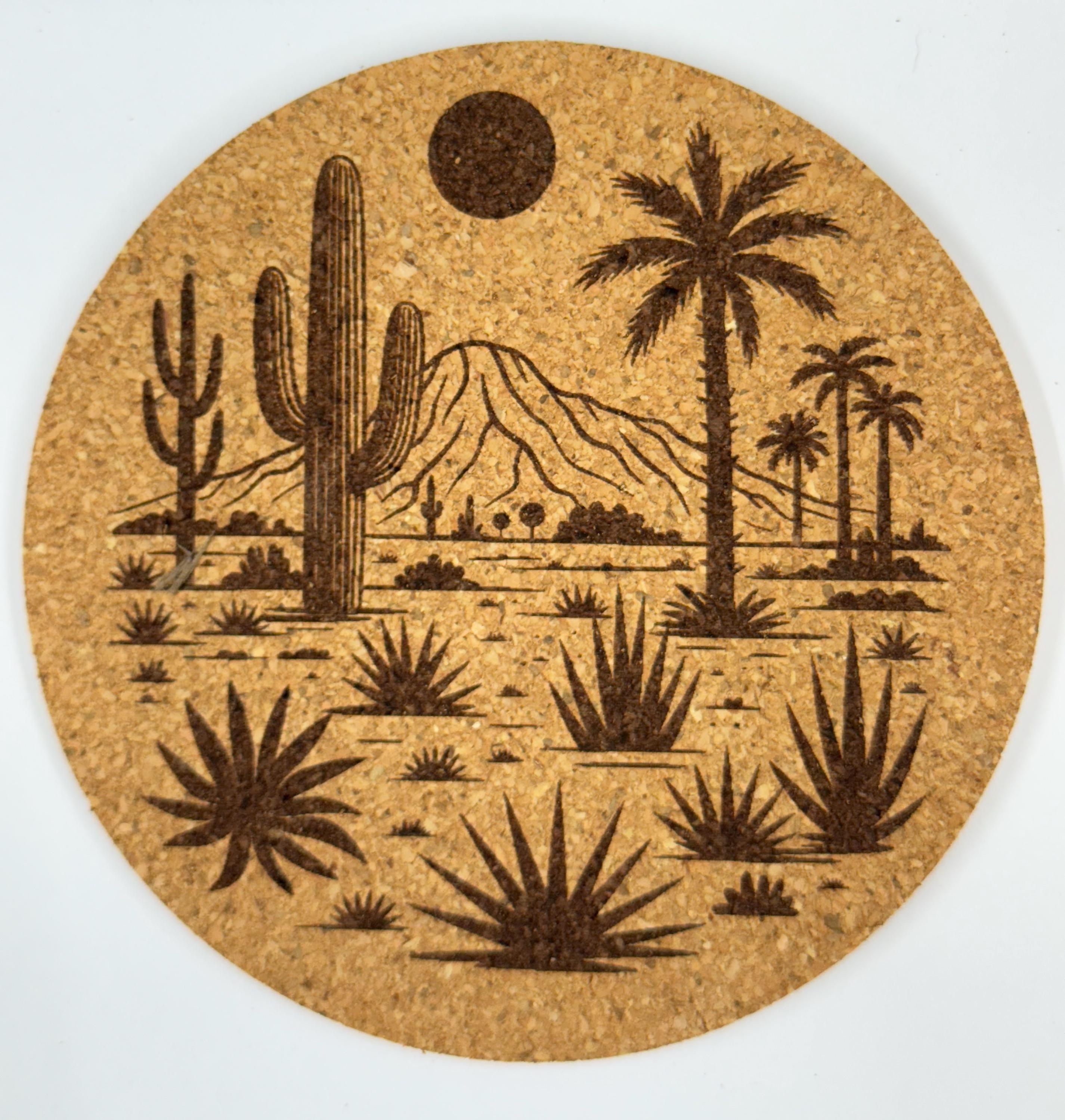 Southwest Desert Cork Coasters – Set of 4 – Cactus & Mountain Scene Drink Coasters