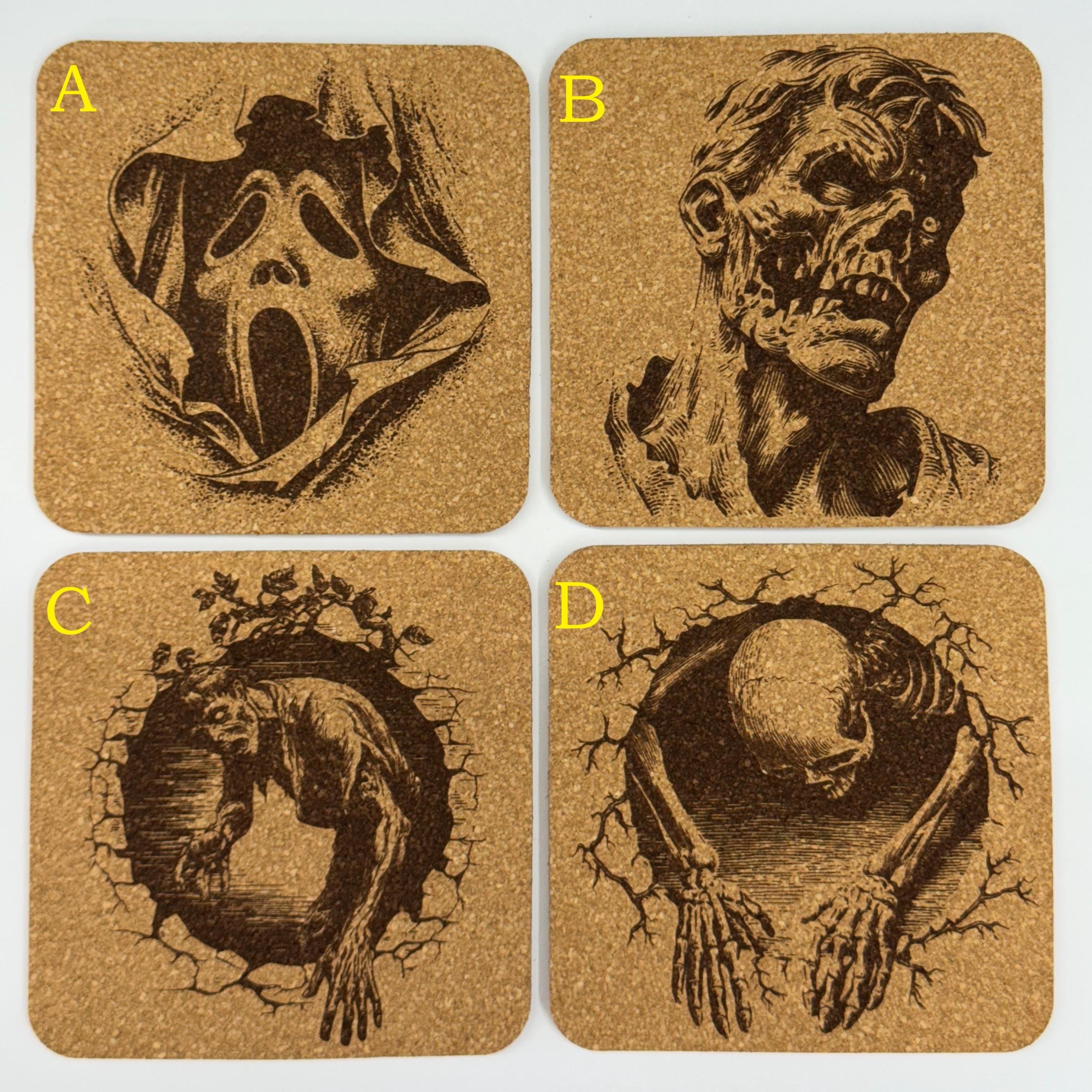 Horror Movie Cork Coasters - Engraved Classic Monsters, Halloween Decor