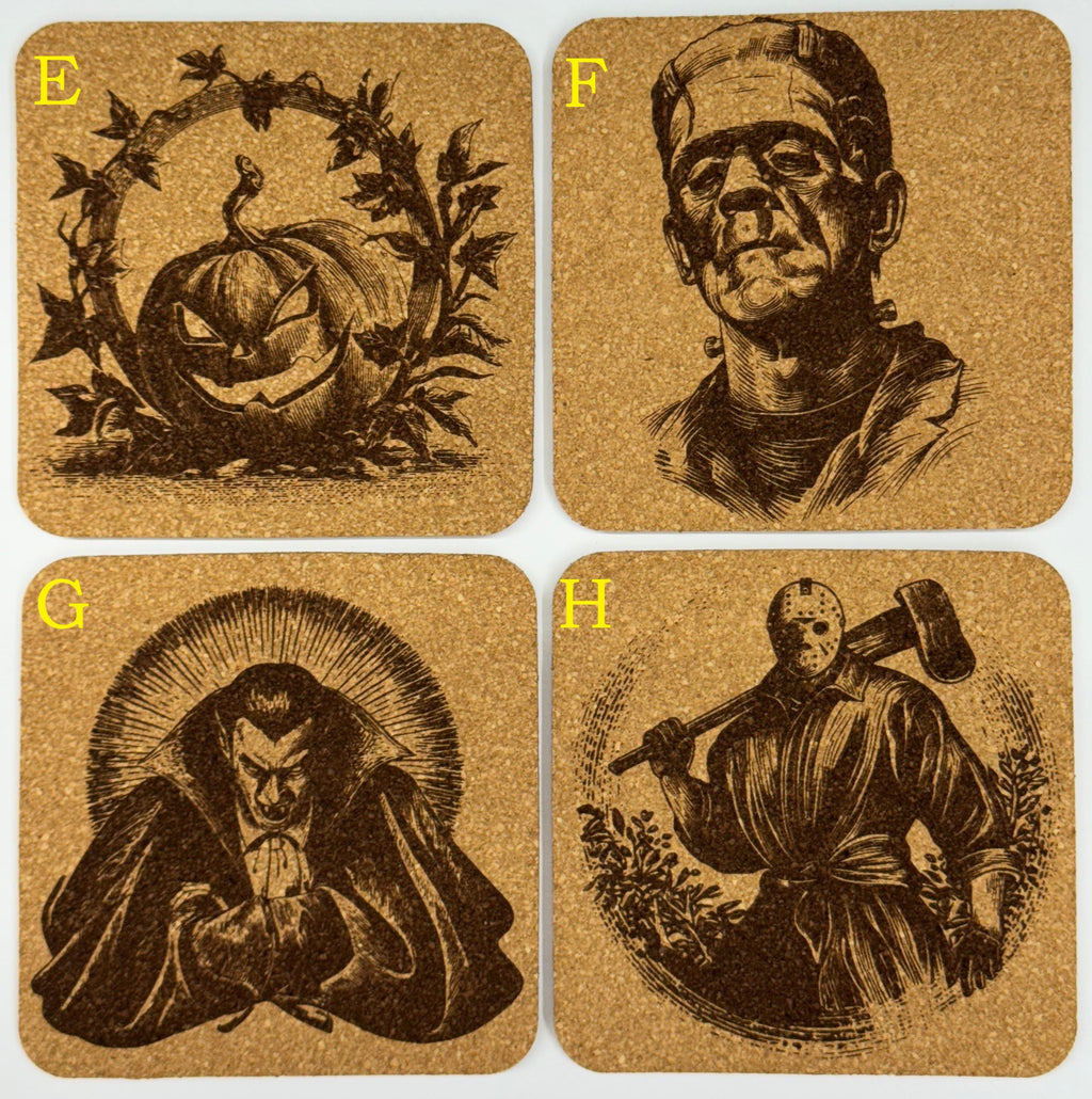 Horror Movie Cork Coasters - Engraved Classic Monsters, Halloween Decor