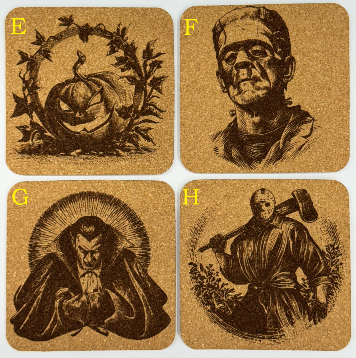 Horror Movie Cork Coasters - Engraved Classic Monsters, Halloween Decor