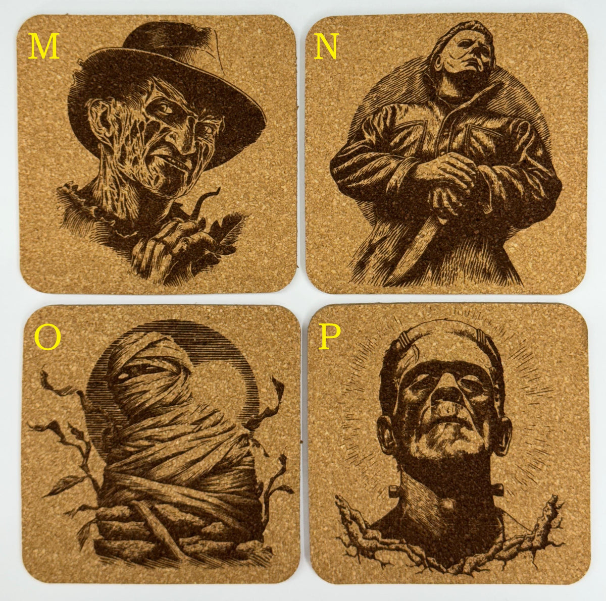 Horror Movie Cork Coasters - Engraved Classic Monsters, Halloween Decor