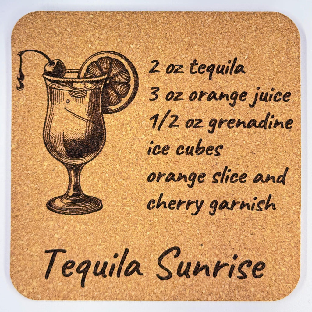 Cocktail Recipe Drink Coasters: Laser Engraved Cork Set of 4