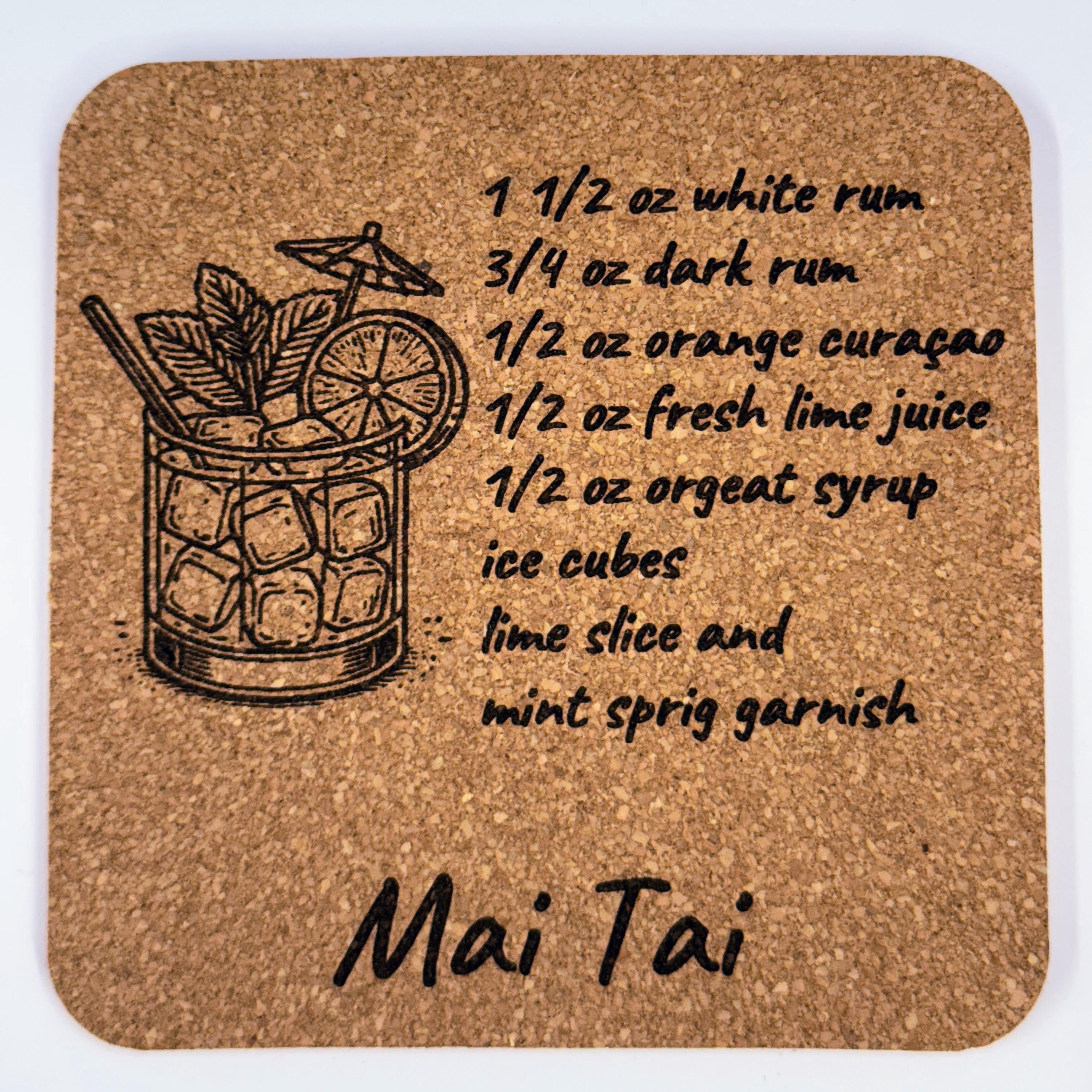 Cocktail Recipe Drink Coasters: Laser Engraved Cork Set of 4