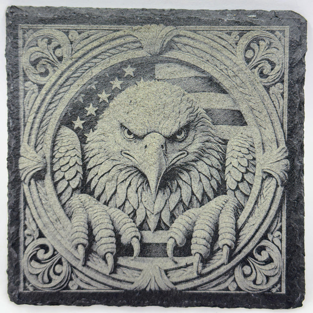 American Eagle Slate Coaster Set of 4 – Laser Engraved Bald Eagle Designs – Patriotic Decor