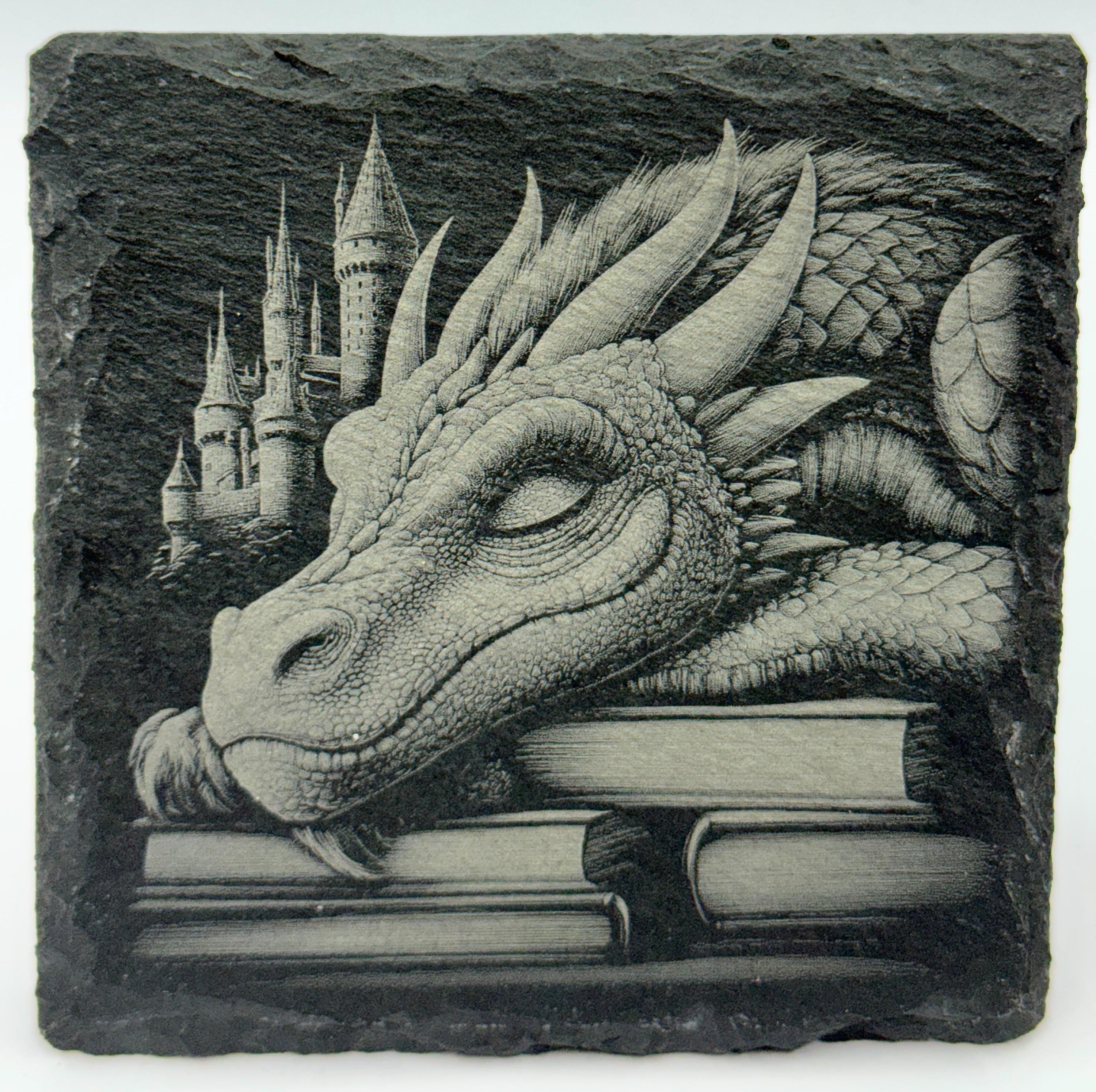Dragons, Books & Castles Engraved Slate Coasters Set of 4