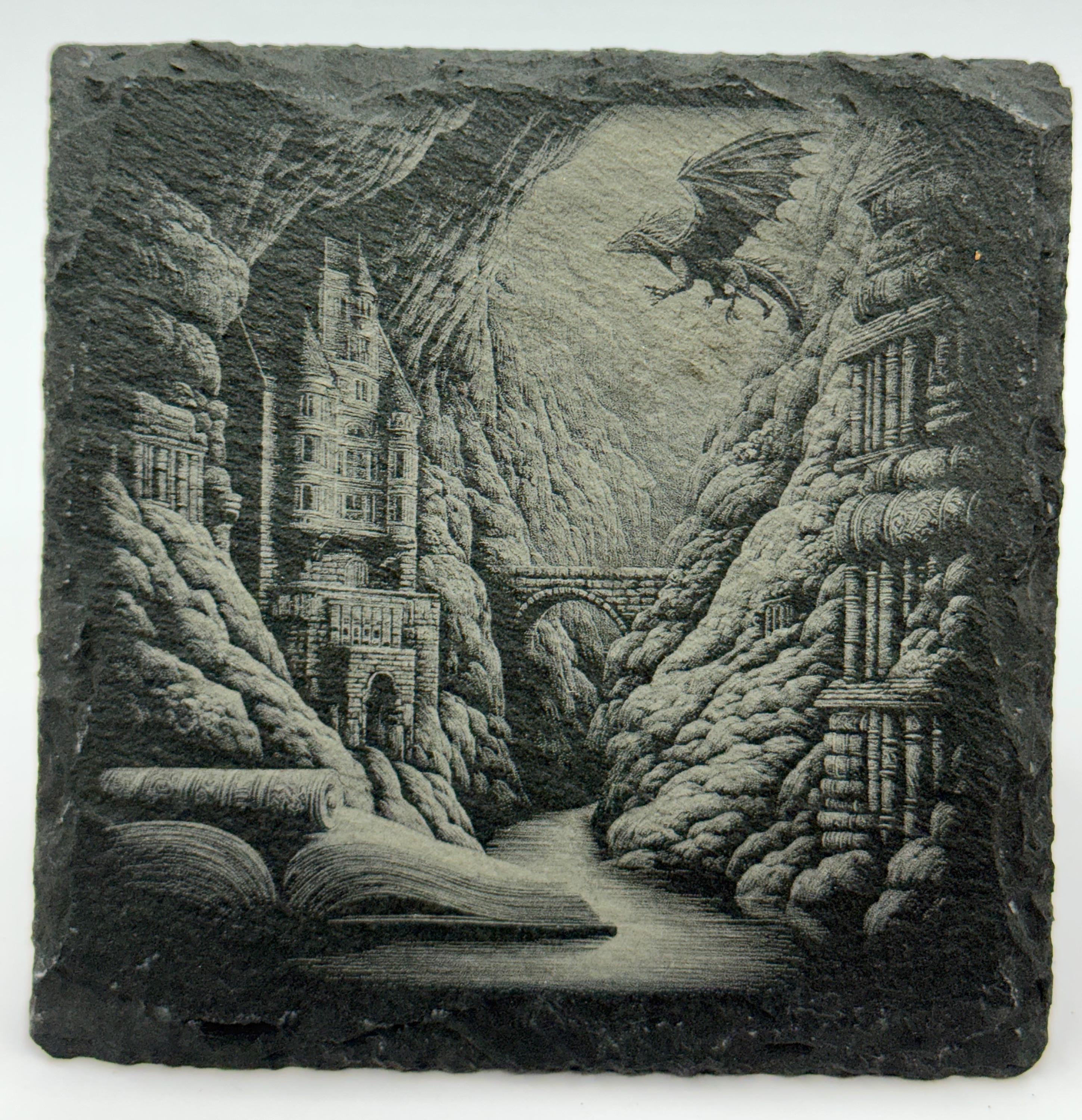 Dragons, Books & Castles Engraved Slate Coasters Set of 4