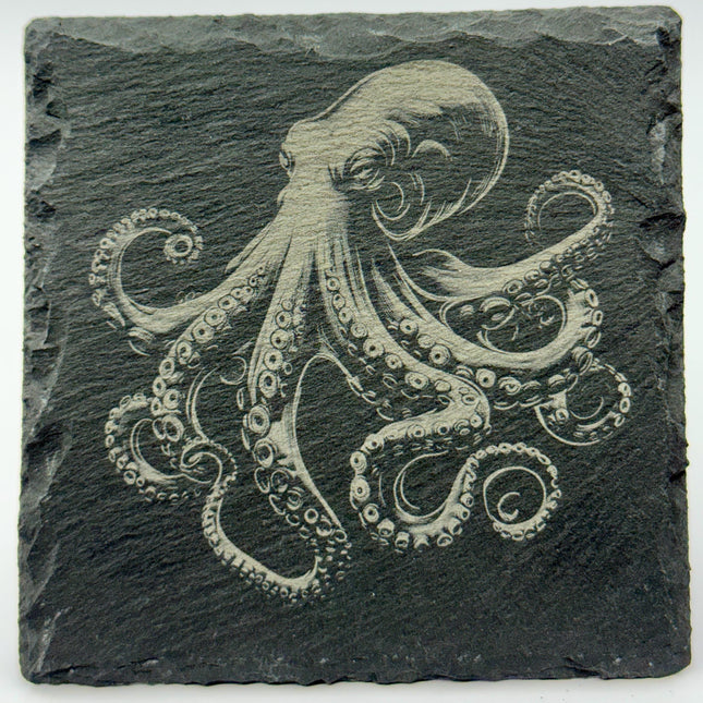 Engraved Ocean Life Slate Coasters: Nautical Coastal Decor, Set of 4