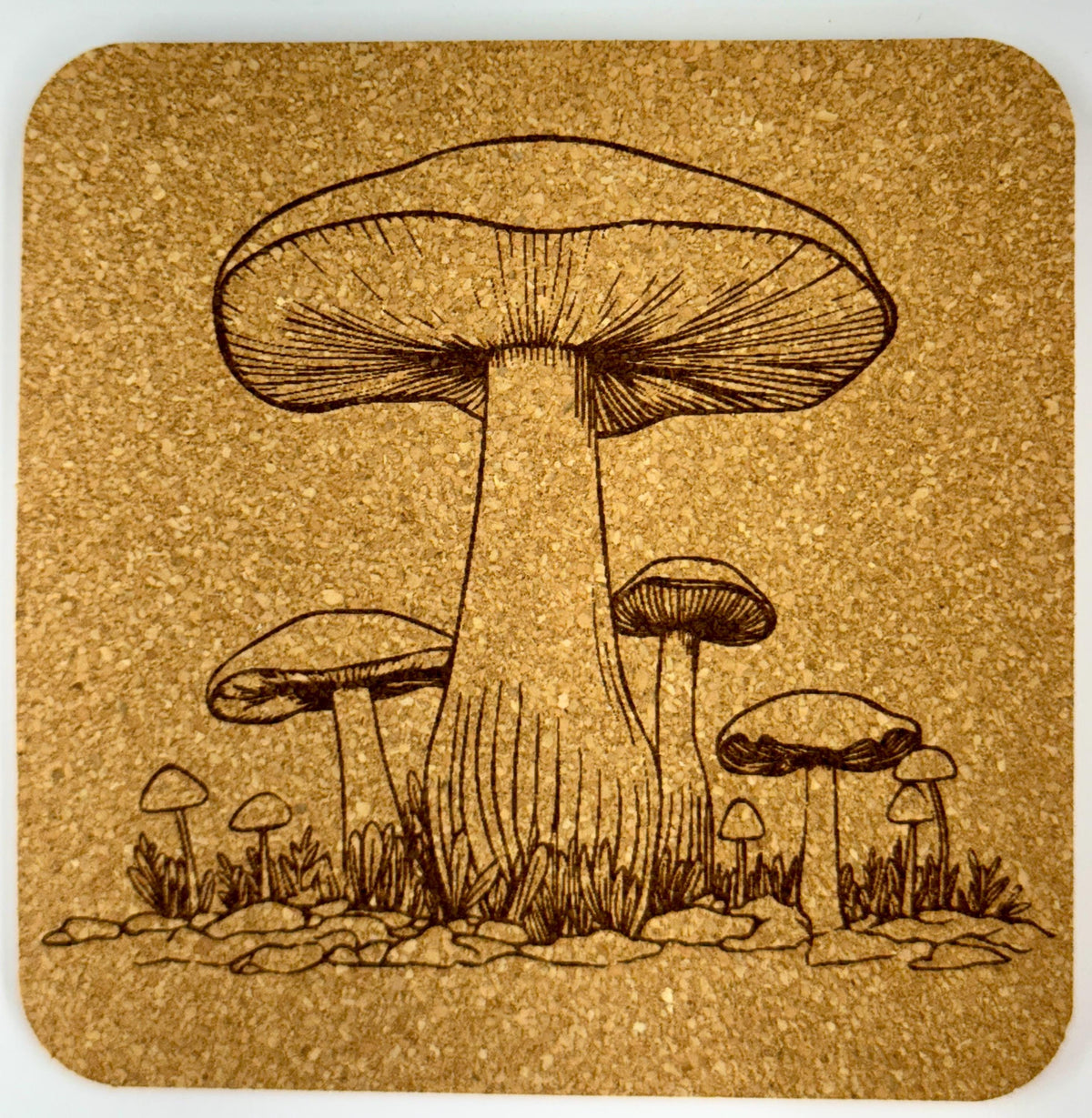 Woodland Mushroom Coaster Set of 4 – Laser Engraved Cork Drink Coasters