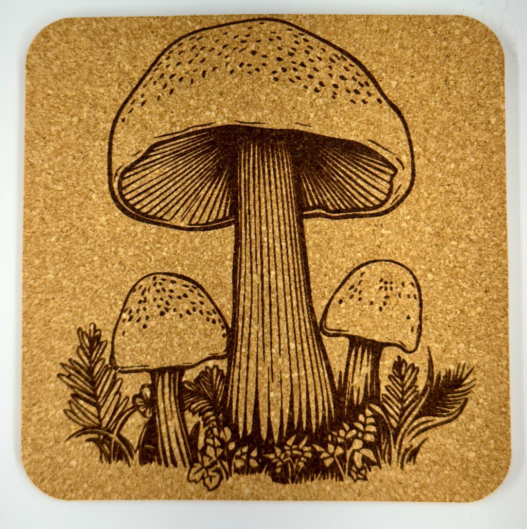 Woodland Mushroom Coaster Set of 4 – Laser Engraved Cork Drink Coasters